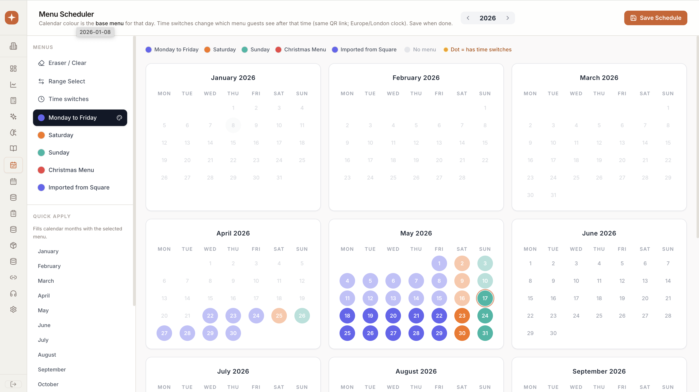PulseMenu menu scheduler day view