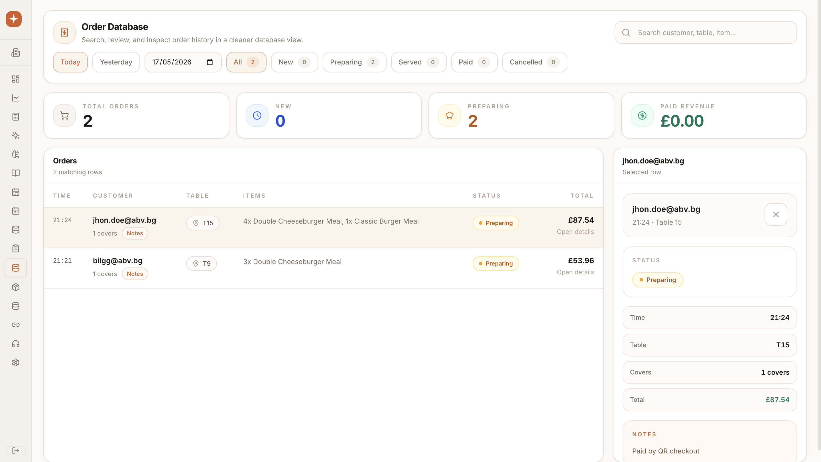 PulseMenu order database